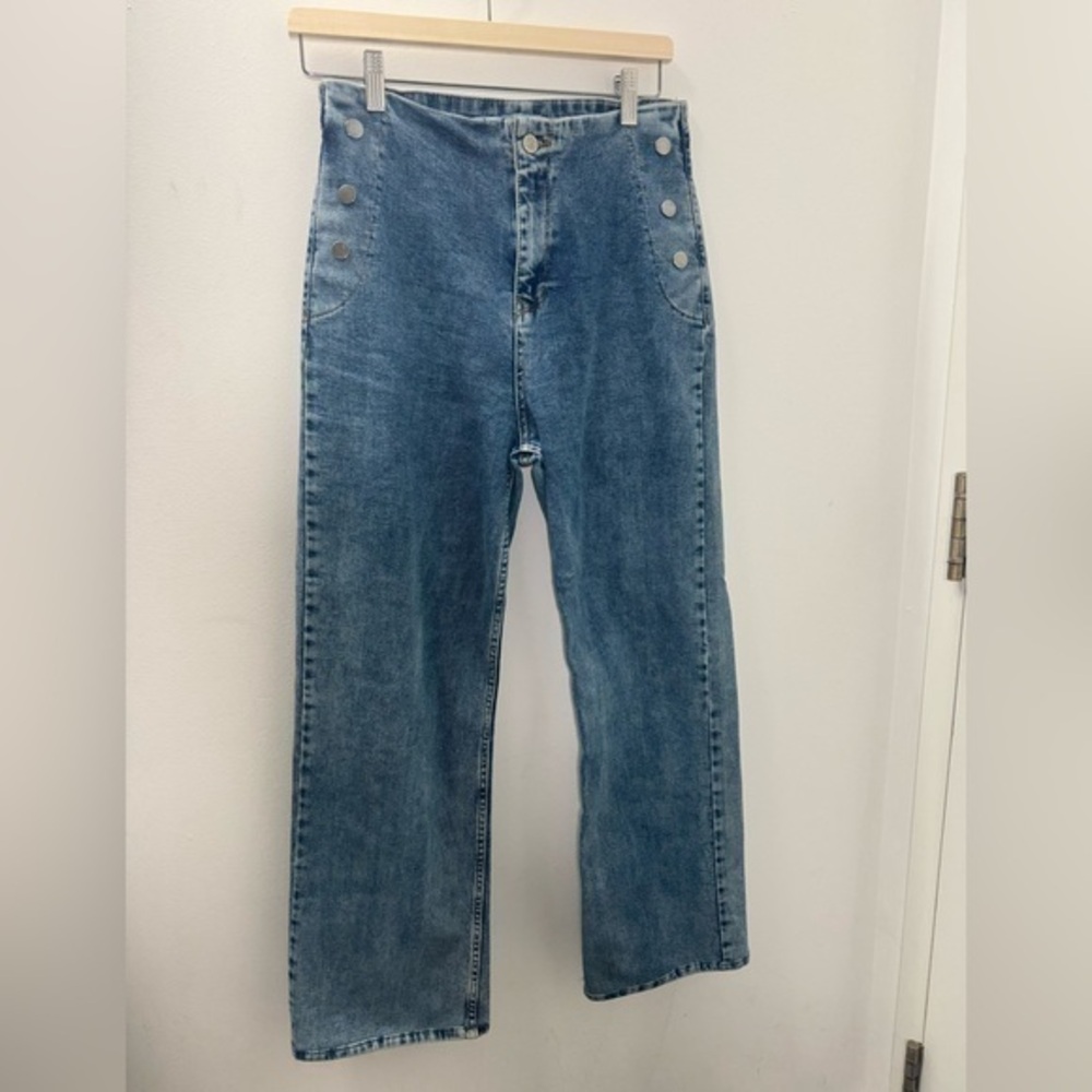 Richstar Women's Pants Straight Wide Leg Button Crop Blue Washed Denim Jeans 28